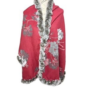 Saachi Blooming Faux Fur Scarf Red Floral Wrap Anthropologie‎
